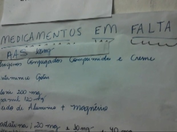 Lista mostra medicamentos em falta em centro de saúde (Foto: Reprodução/ EPTV) Lista mostra medicamentos em falta em centro de saúde (Foto: Reprodução/ EPTV)